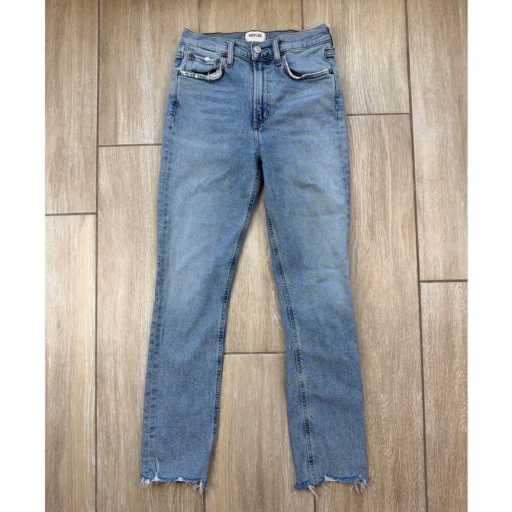 AGOLDE Merrel Mid Rise Straight Jeans Womens 25 Astray Light Wash Raw Hem Denim